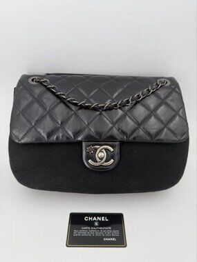 Chanel Leather Wool Felt Quilted Flap Bag